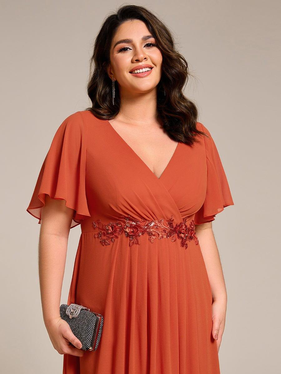 V-Neck Chiffon Evening Dress with Waist Applique #color_Burnt Orange