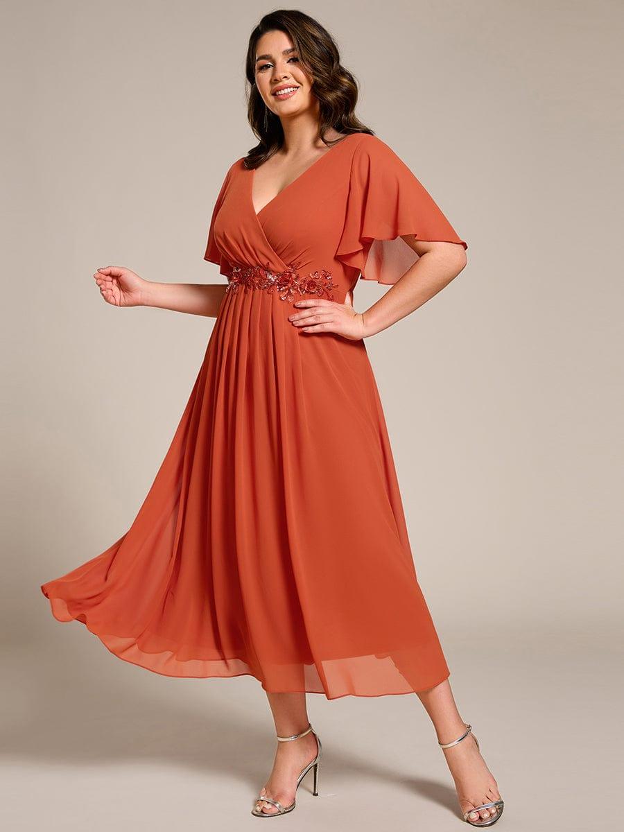 V-Neck Chiffon Evening Dress with Waist Applique #color_Burnt Orange