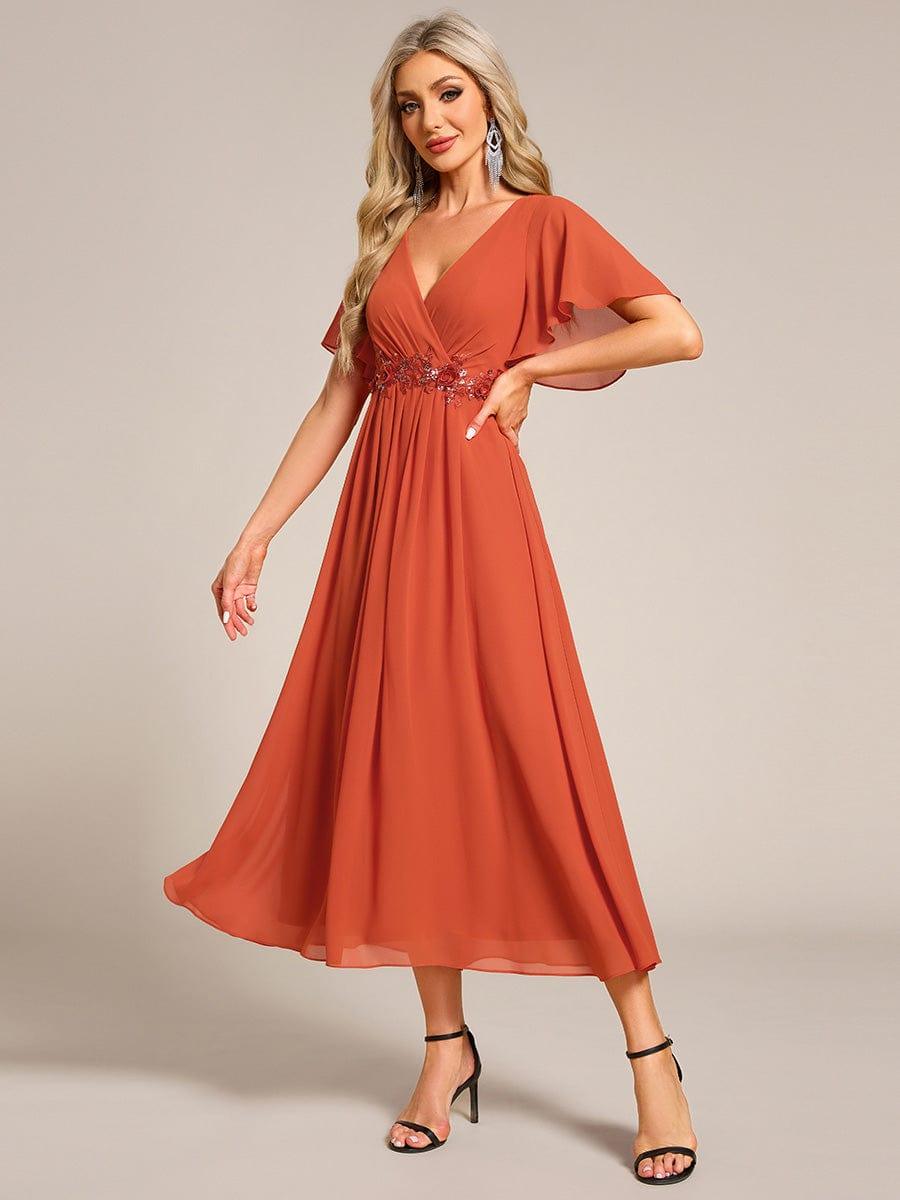 V-Neck Chiffon Evening Dress with Waist Applique #color_Burnt Orange