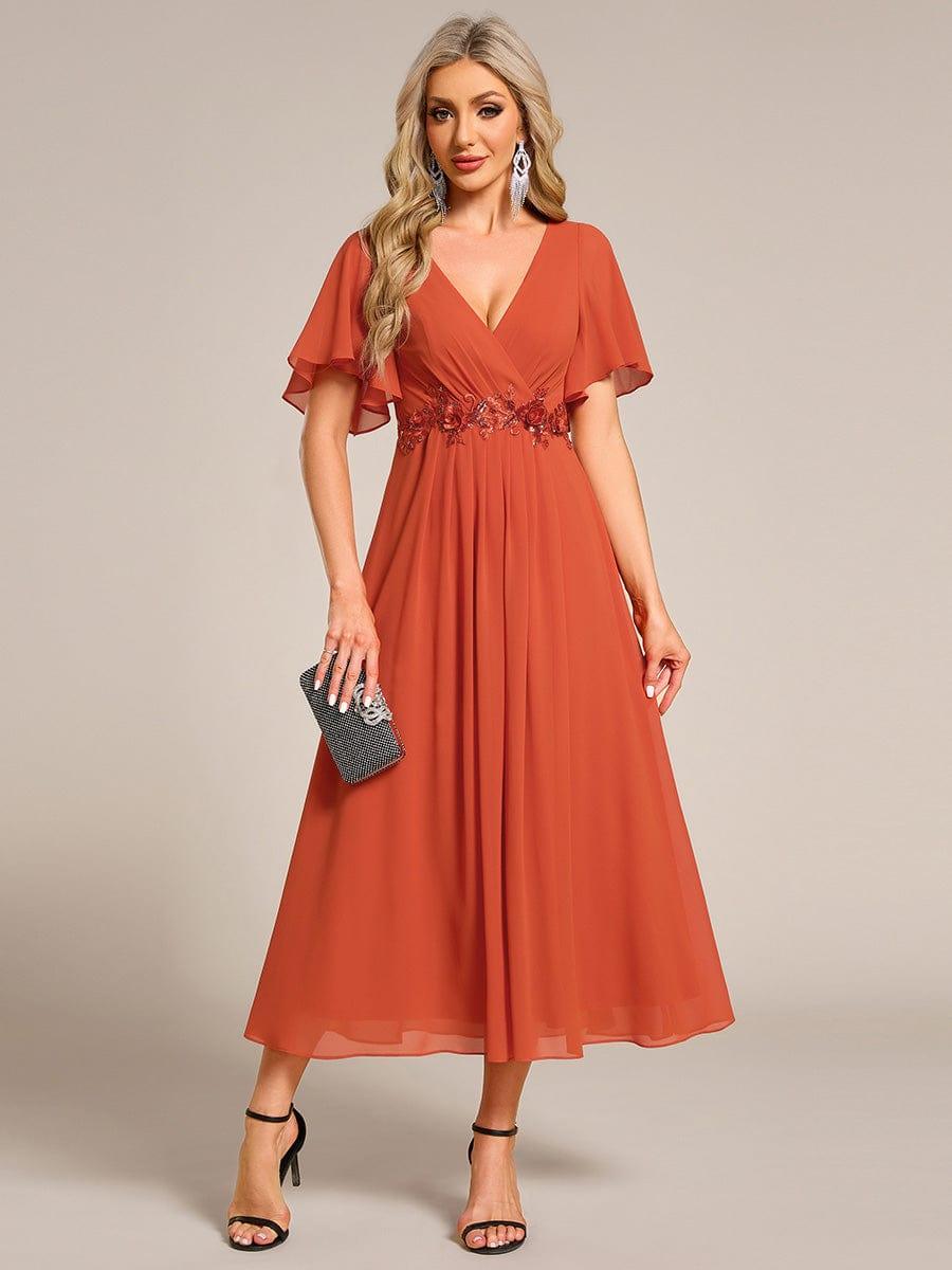 V-Neck Chiffon Evening Dress with Waist Applique #color_Burnt Orange