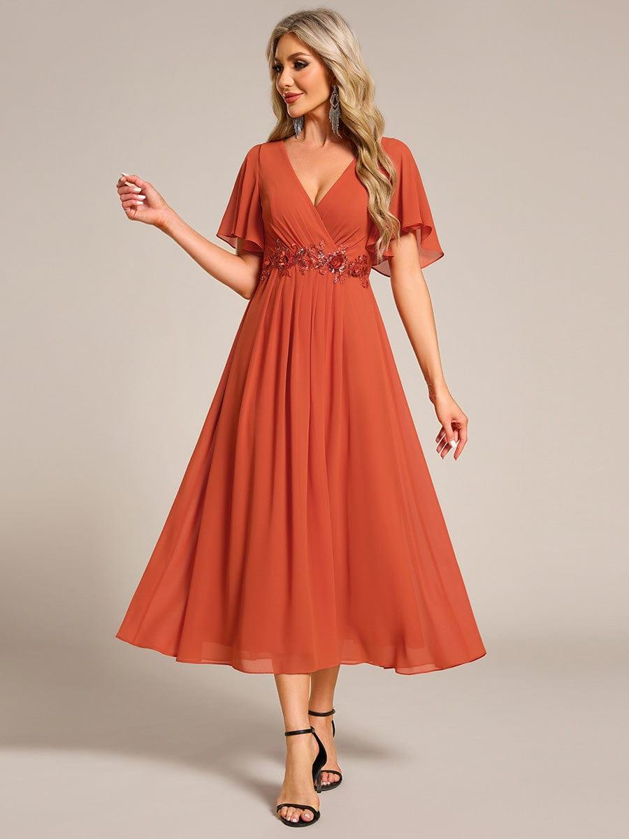 V-Neck Chiffon Evening Dress with Waist Applique #color_Burnt Orange