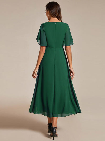 V-Neck Chiffon Evening Dress with Waist Applique #color_Dark Green