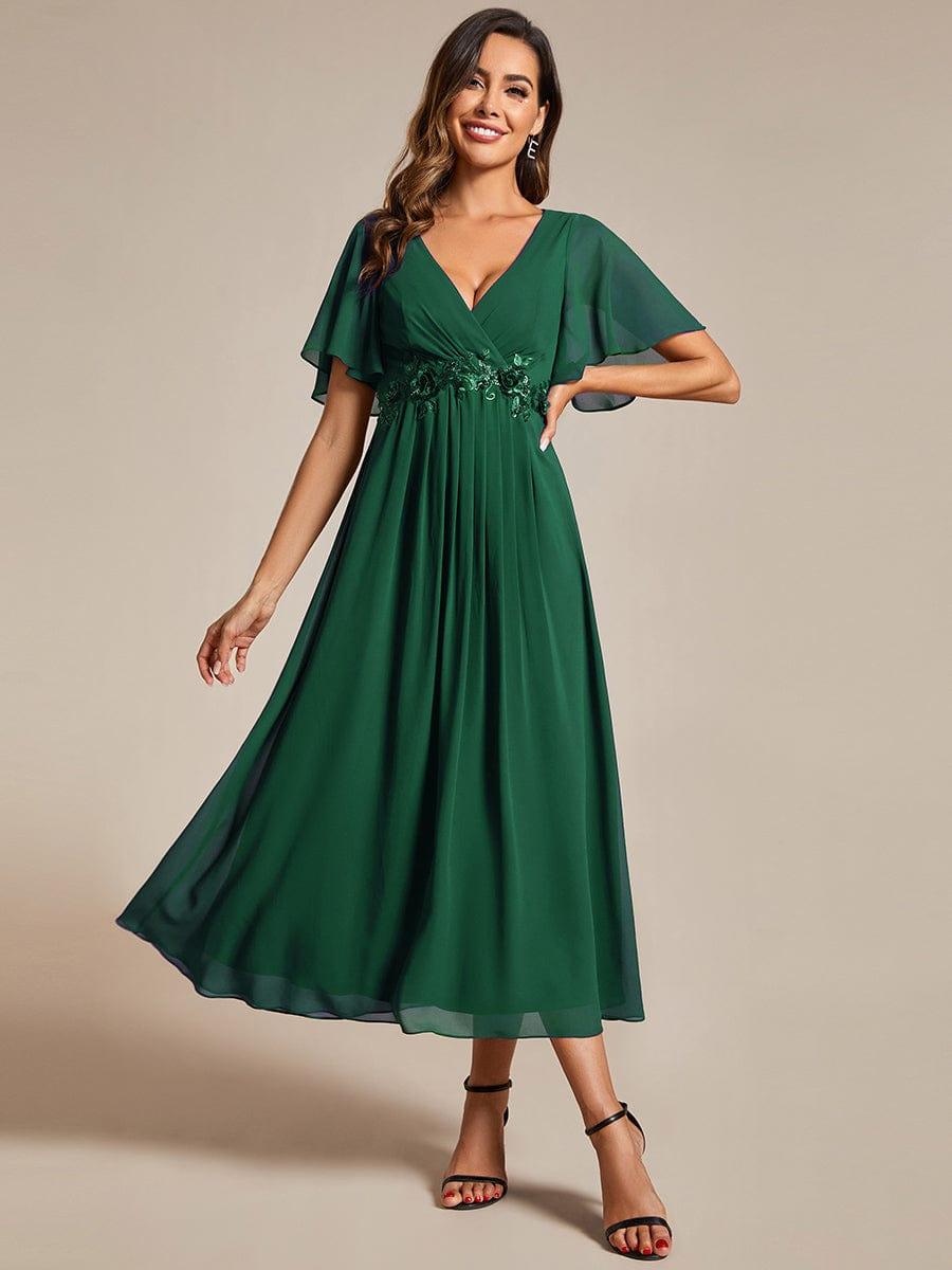 V-Neck Chiffon Evening Dress with Waist Applique #color_Dark Green