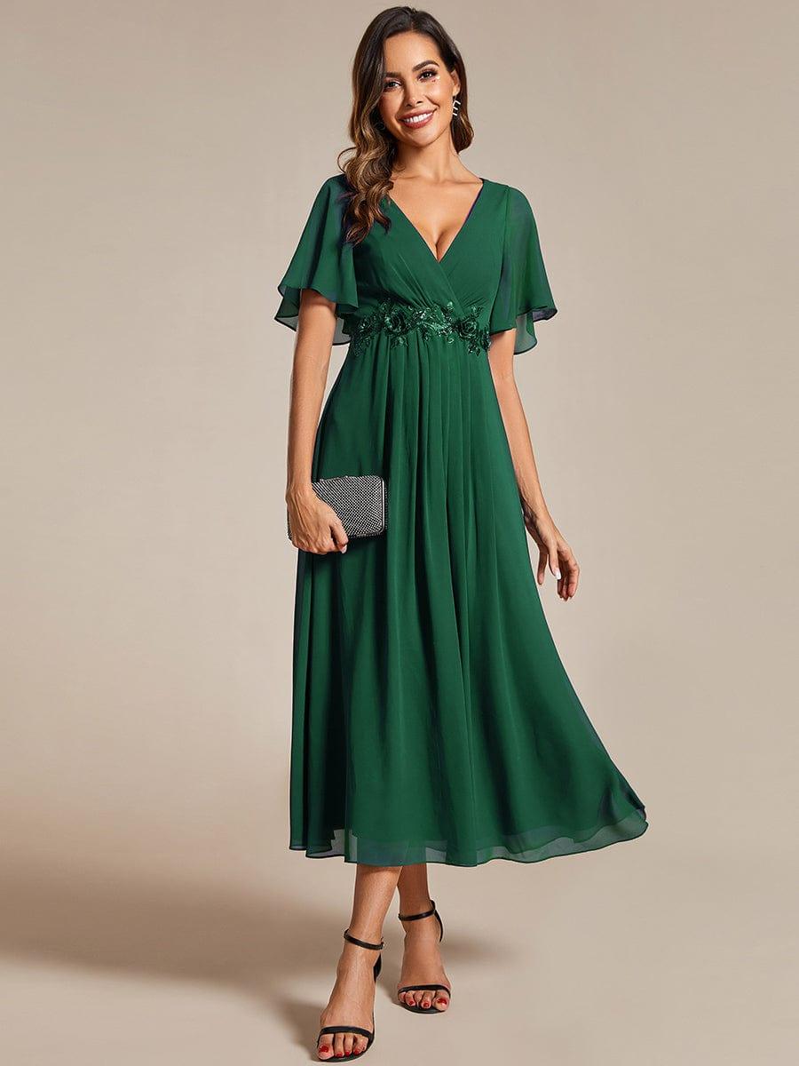 V-Neck Chiffon Evening Dress with Waist Applique #color_Dark Green