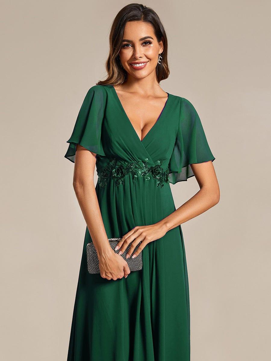 V-Neck Chiffon Evening Dress with Waist Applique #color_Dark Green