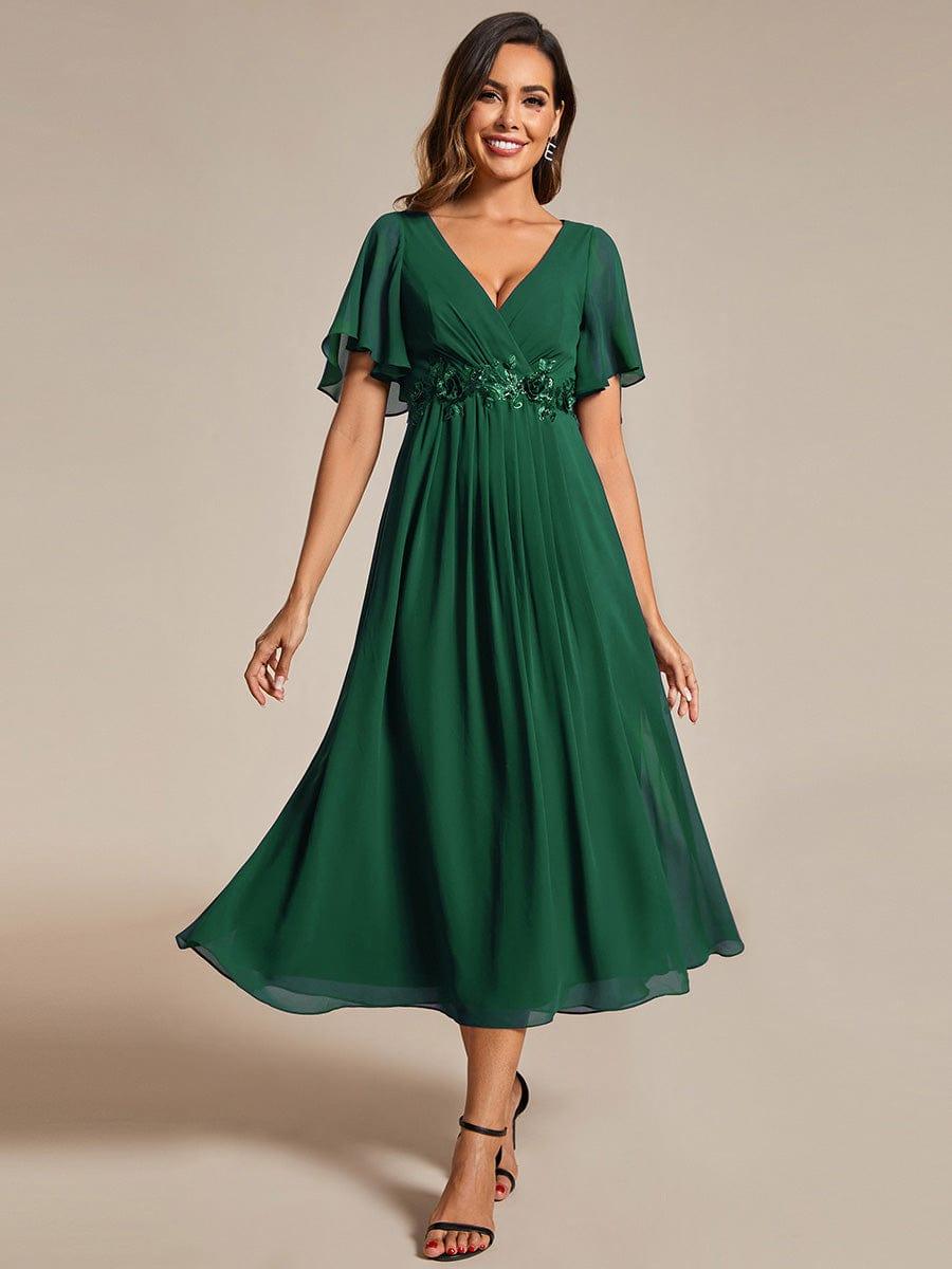 V-Neck Chiffon Evening Dress with Waist Applique #color_Dark Green