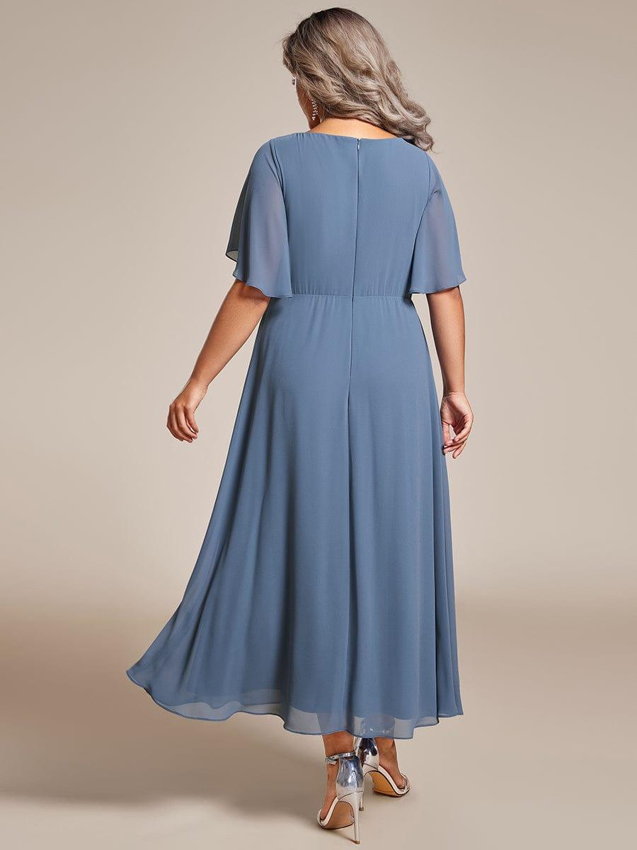 V-Neck Chiffon Evening Dress with Waist Applique #color_Dusty Blue