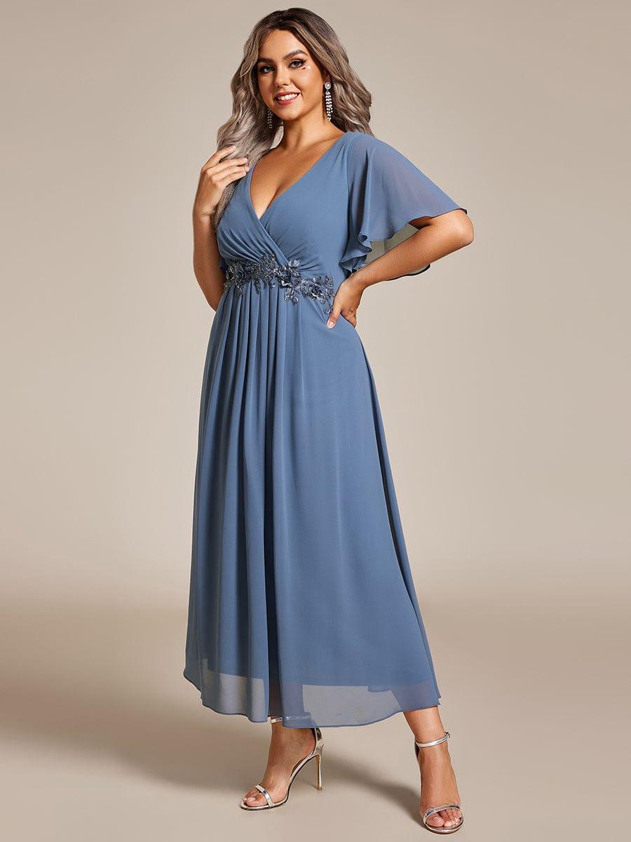 V-Neck Chiffon Evening Dress with Waist Applique #color_Dusty Blue