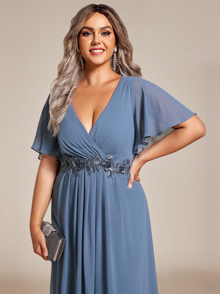 V-Neck Chiffon Evening Dress with Waist Applique #color_Dusty Blue