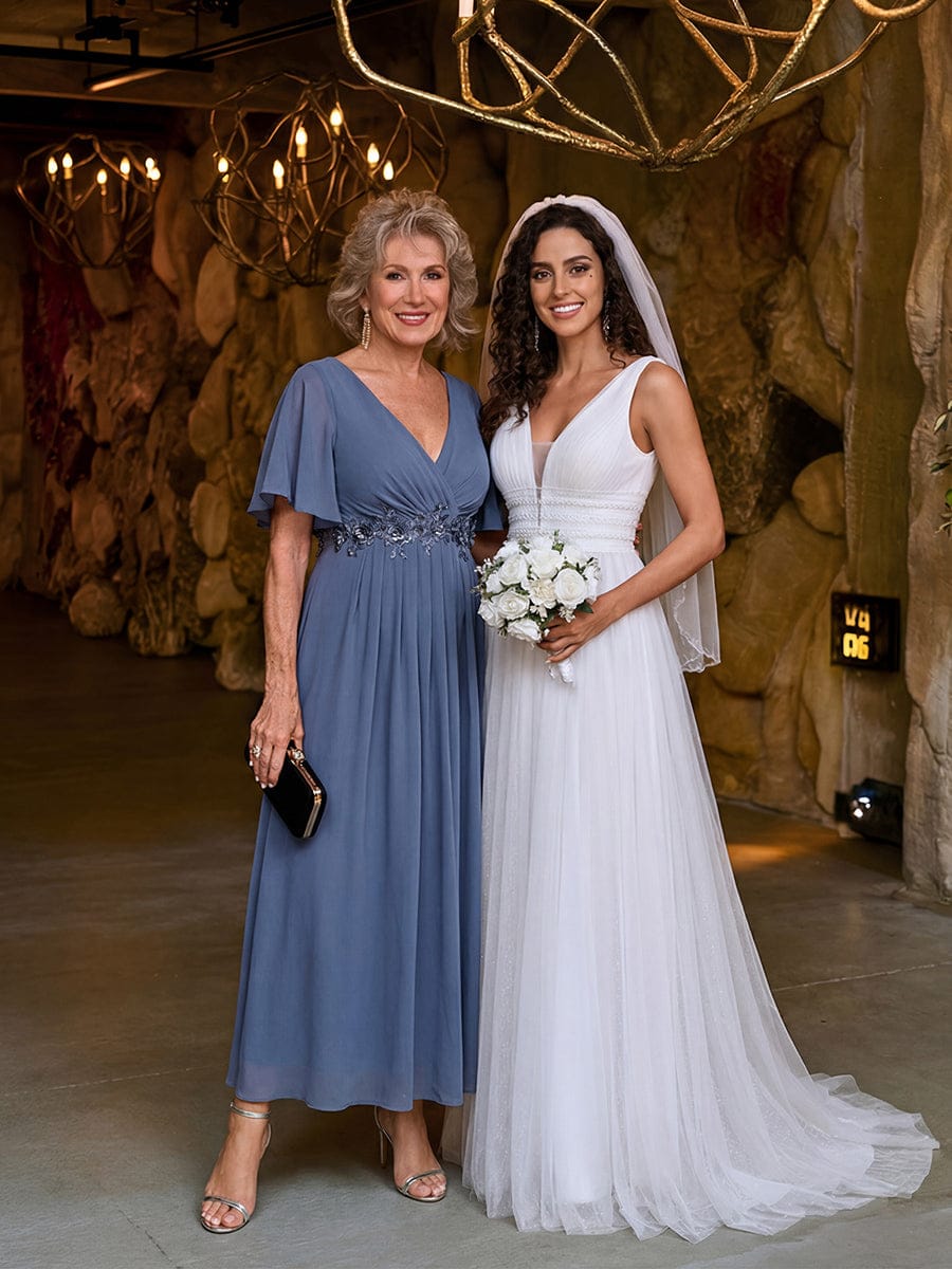 V-Neck Chiffon Wedding Guest Dress with Waist Applique #color_Dusty Blue