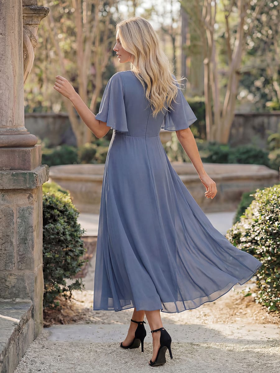 V-Neck Chiffon Wedding Guest Dress with Waist Applique #color_Dusty Blue
