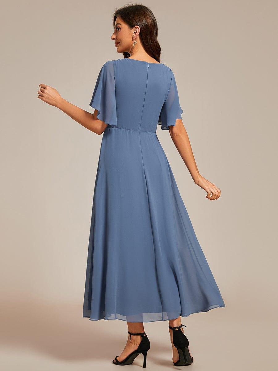 V-Neck Chiffon Evening Dress with Waist Applique #color_Dusty Blue