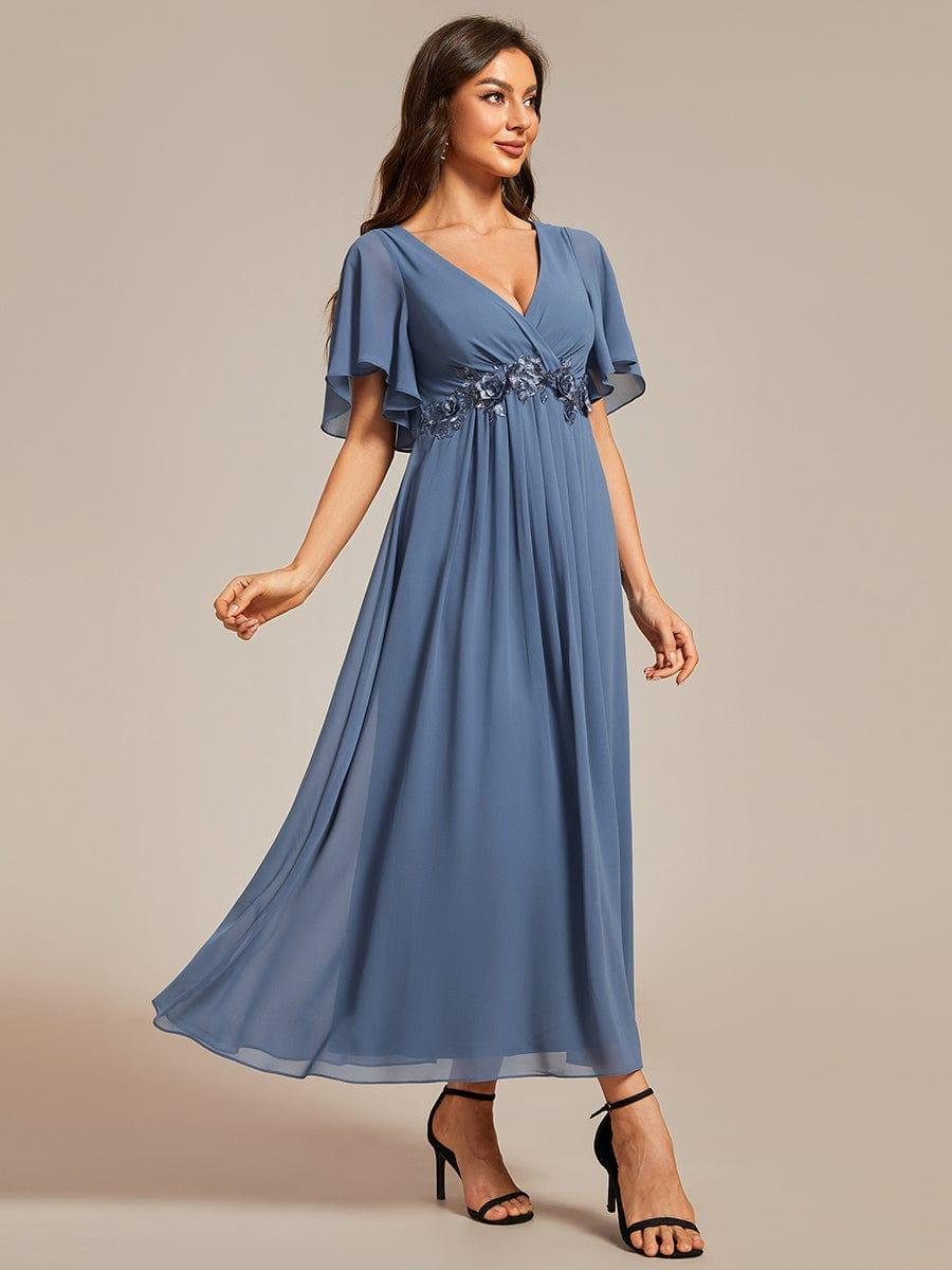 V-Neck Chiffon Evening Dress with Waist Applique #color_Dusty Blue