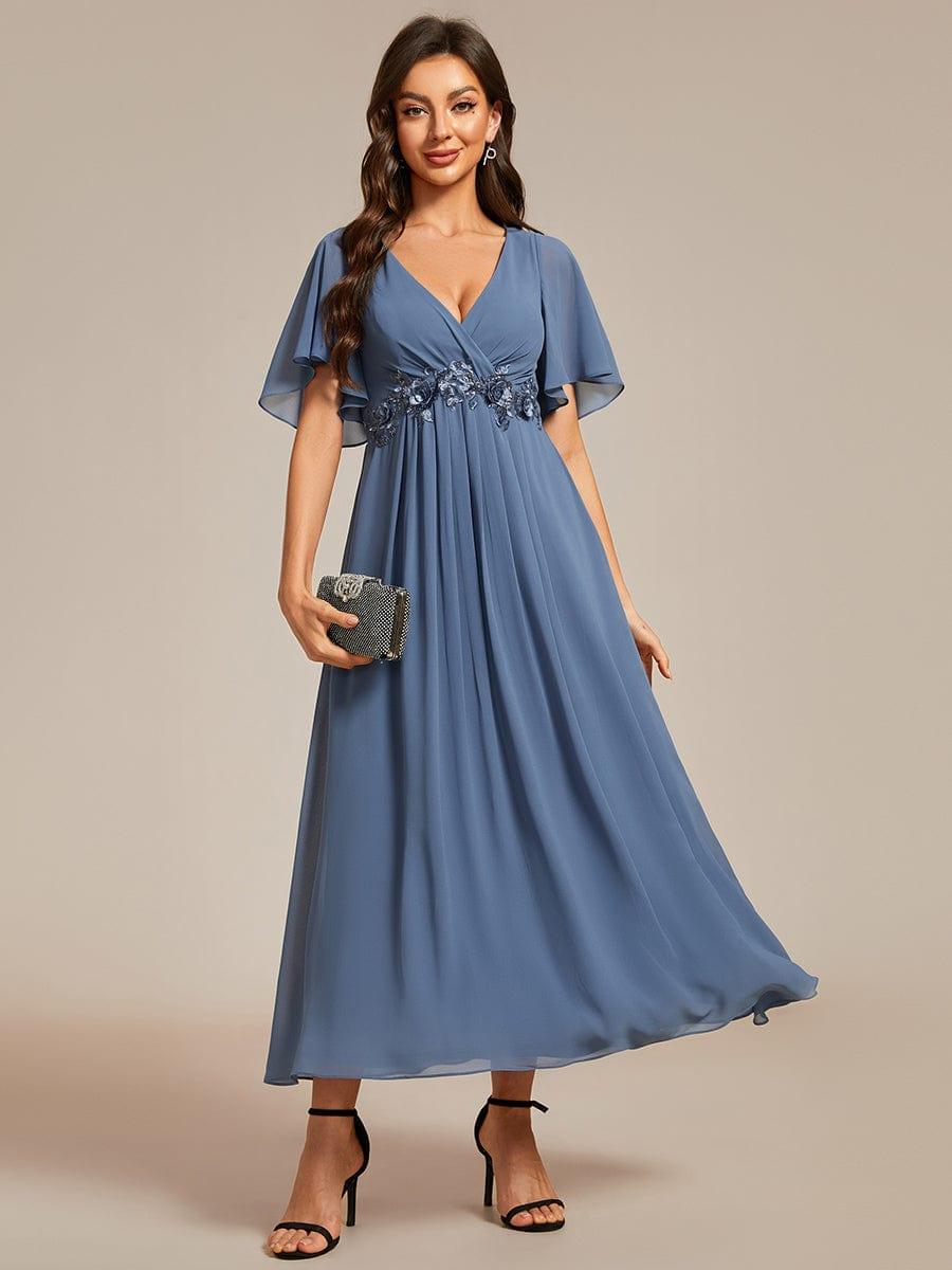 V-Neck Chiffon Evening Dress with Waist Applique #color_Dusty Blue