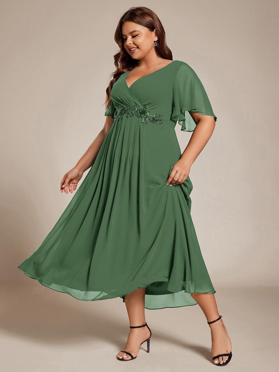 V-Neck Chiffon Evening Dress with Waist Applique #color_Eucalyptus Green