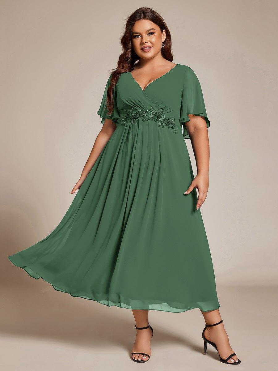 V-Neck Chiffon Evening Dress with Waist Applique #color_Eucalyptus Green