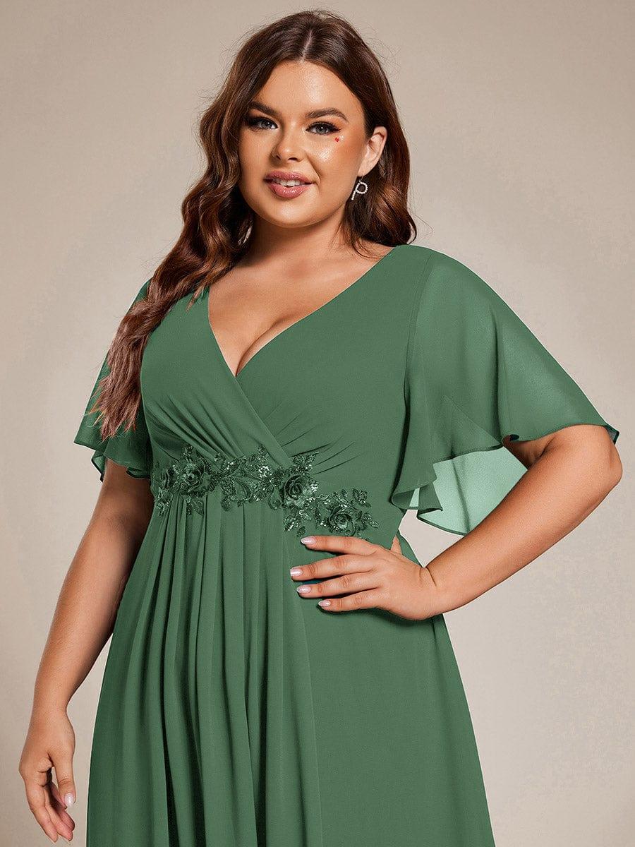 V-Neck Chiffon Evening Dress with Waist Applique #color_Eucalyptus Green