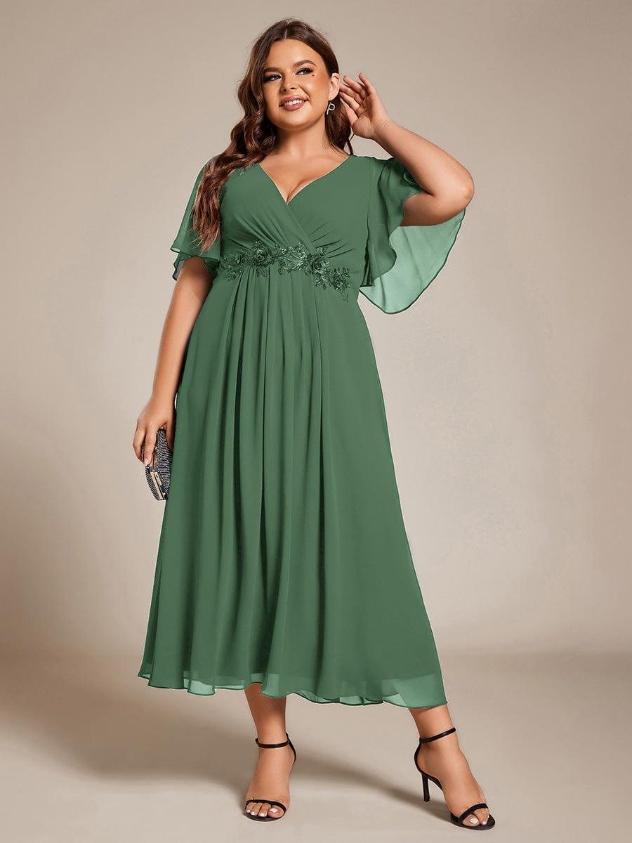 V-Neck Chiffon Evening Dress with Waist Applique #color_Eucalyptus Green