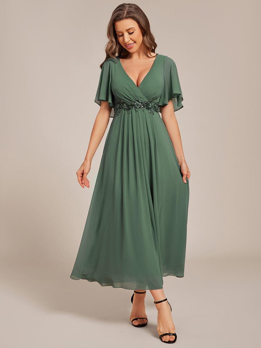 V-Neck Chiffon Evening Dress with Waist Applique #color_Eucalyptus Green