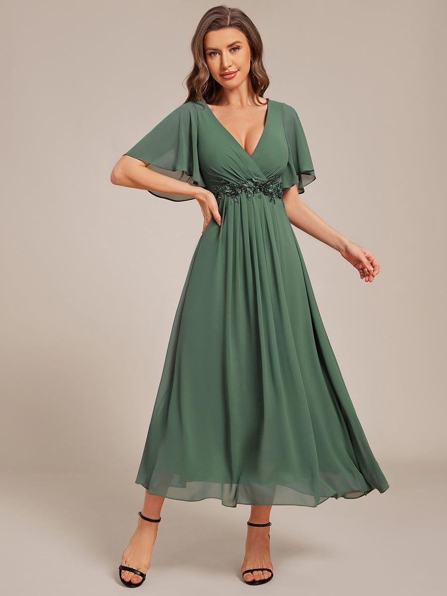 V-Neck Chiffon Evening Dress with Waist Applique #color_Eucalyptus Green