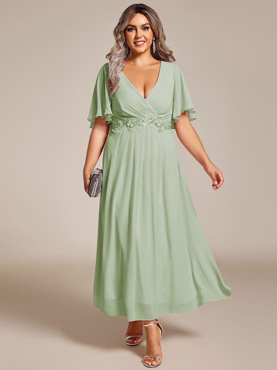 V-Neck Chiffon Evening Dress with Waist Applique #color_Mint Green