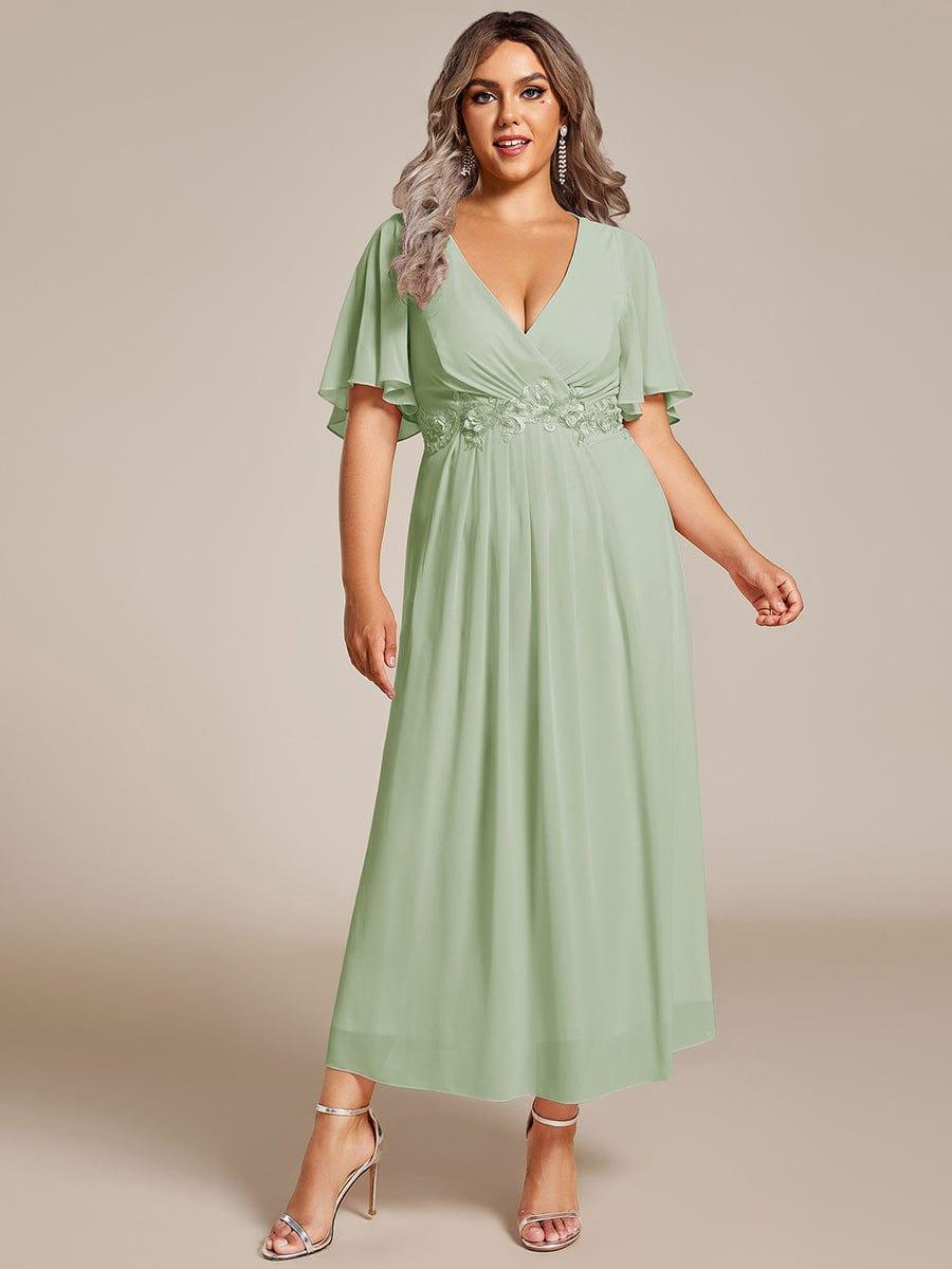 V-Neck Chiffon Evening Dress with Waist Applique #color_Mint Green