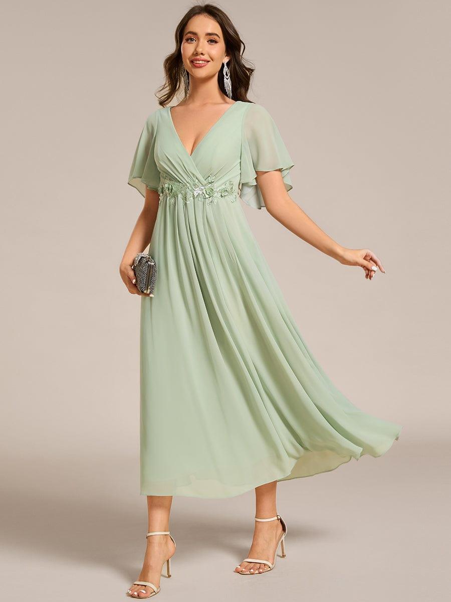 V-Neck Chiffon Evening Dress with Waist Applique #color_Mint Green