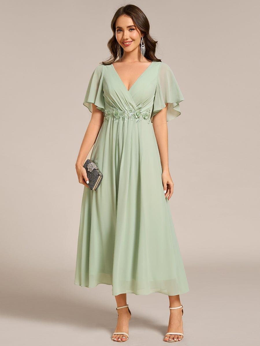 V-Neck Chiffon Evening Dress with Waist Applique #color_Mint Green