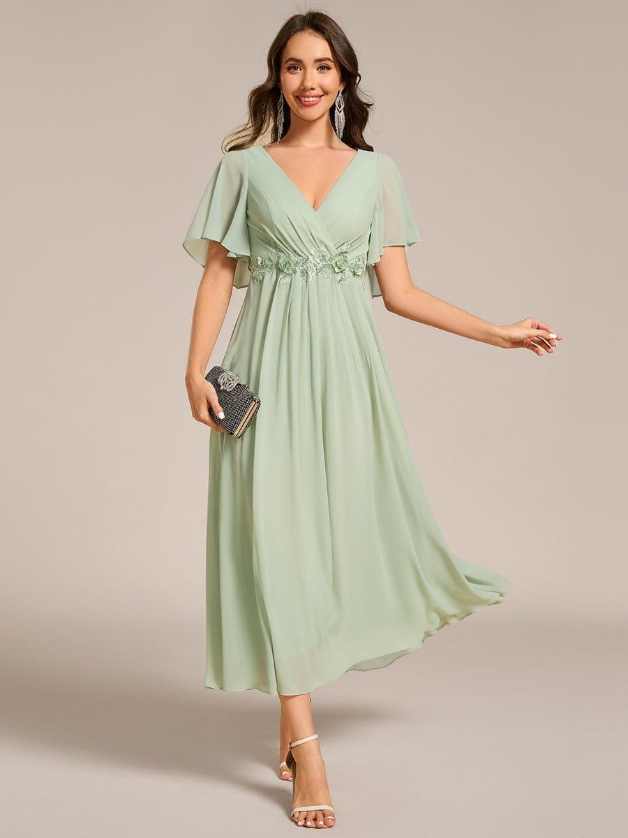 V-Neck Chiffon Evening Dress with Waist Applique #color_Mint Green