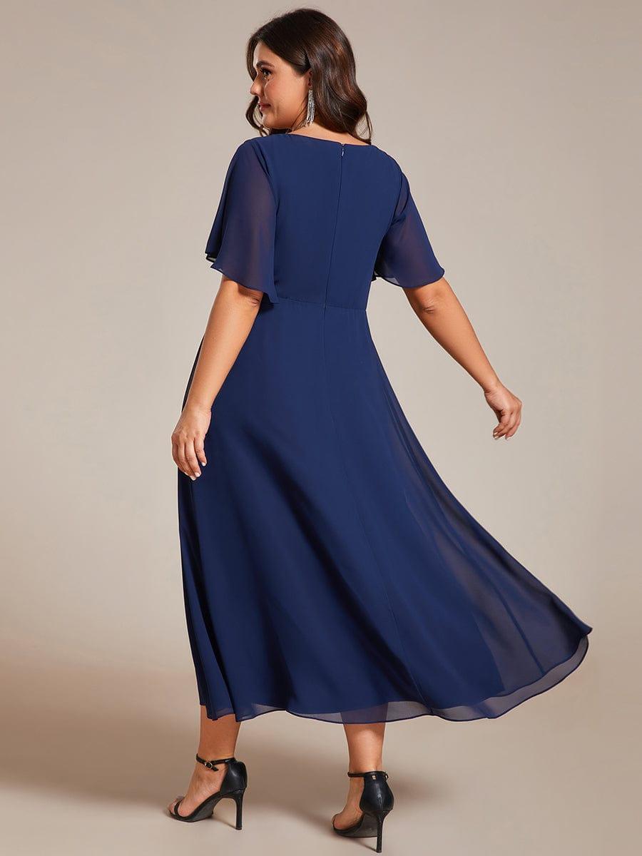 V-Neck Chiffon Evening Dress with Waist Applique #color_Navy Blue
