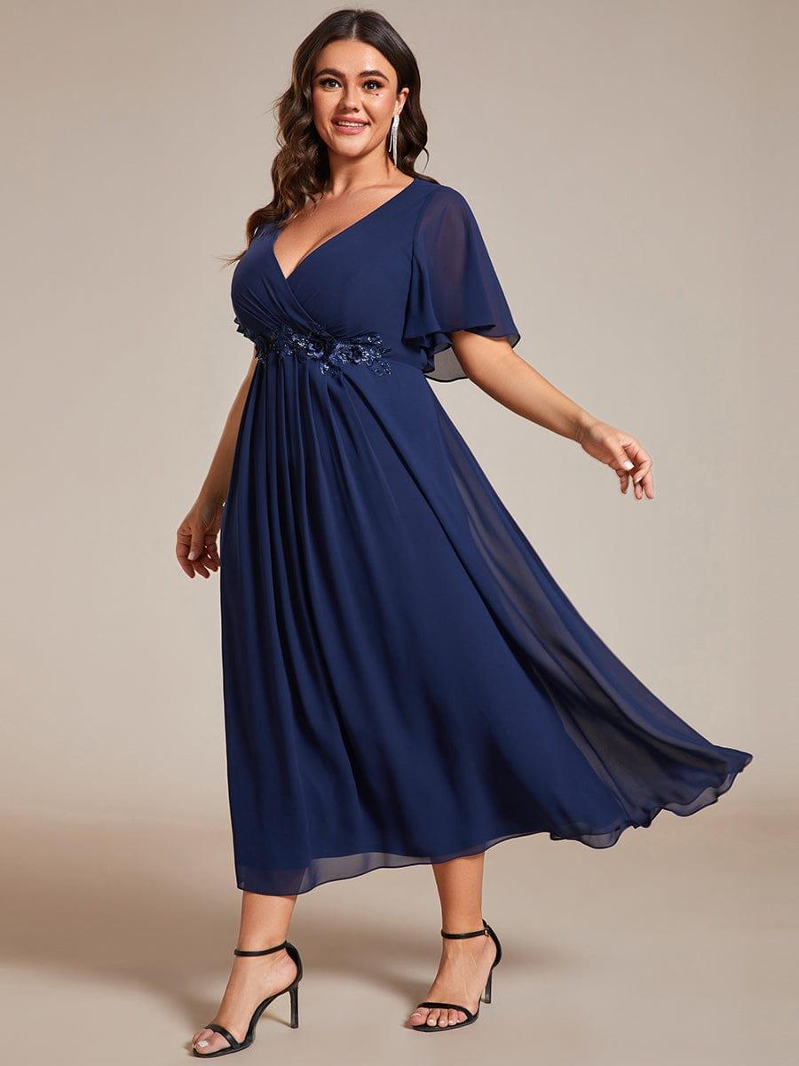 V-Neck Chiffon Evening Dress with Waist Applique #color_Navy Blue