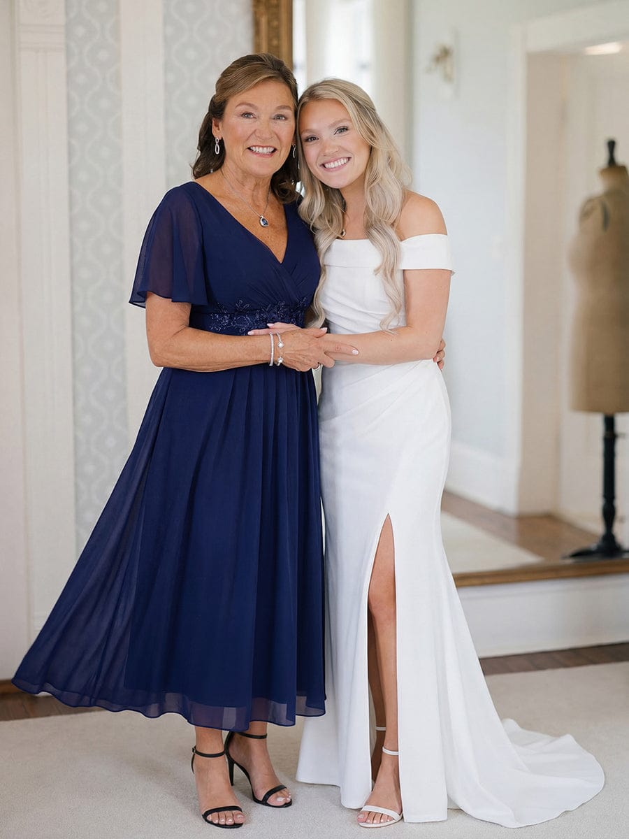 V-Neck Chiffon Wedding Guest Dress with Waist Applique #color_Navy Blue