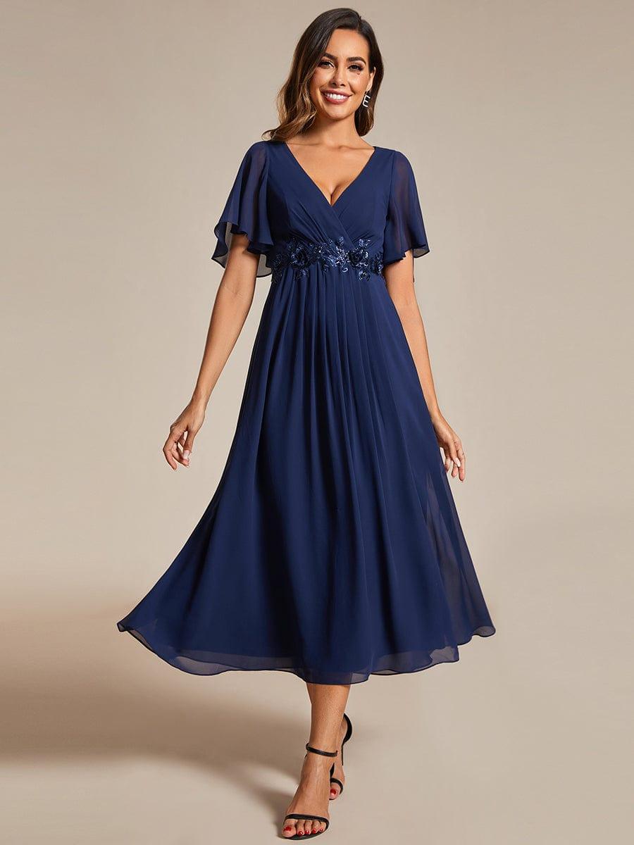 V-Neck Chiffon Evening Dress with Waist Applique #color_Navy Blue