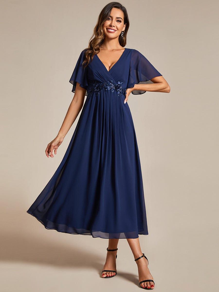 V-Neck Chiffon Evening Dress with Waist Applique #color_Navy Blue