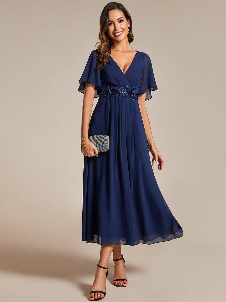 V-Neck Chiffon Evening Dress with Waist Applique #color_Navy Blue