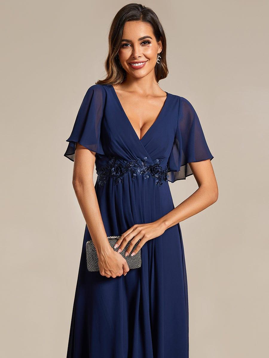 V-Neck Chiffon Evening Dress with Waist Applique #color_Navy Blue