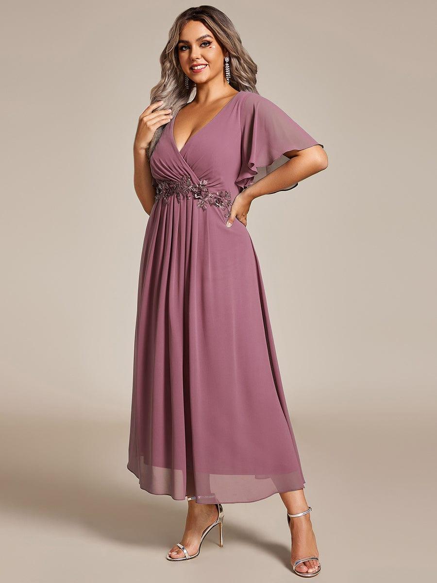 V-Neck Chiffon Evening Dress with Waist Applique #color_Purple Orchid