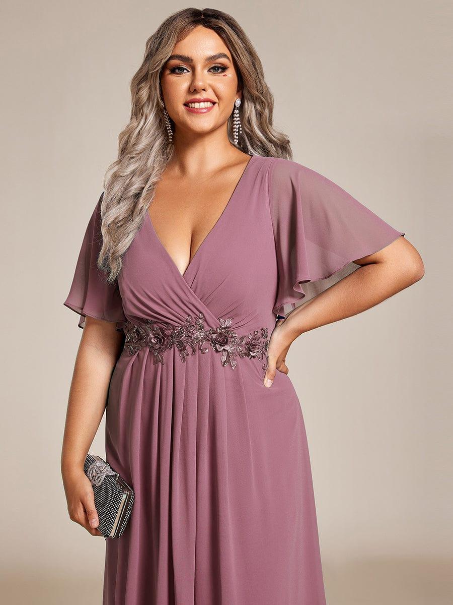 V-Neck Chiffon Evening Dress with Waist Applique #color_Purple Orchid
