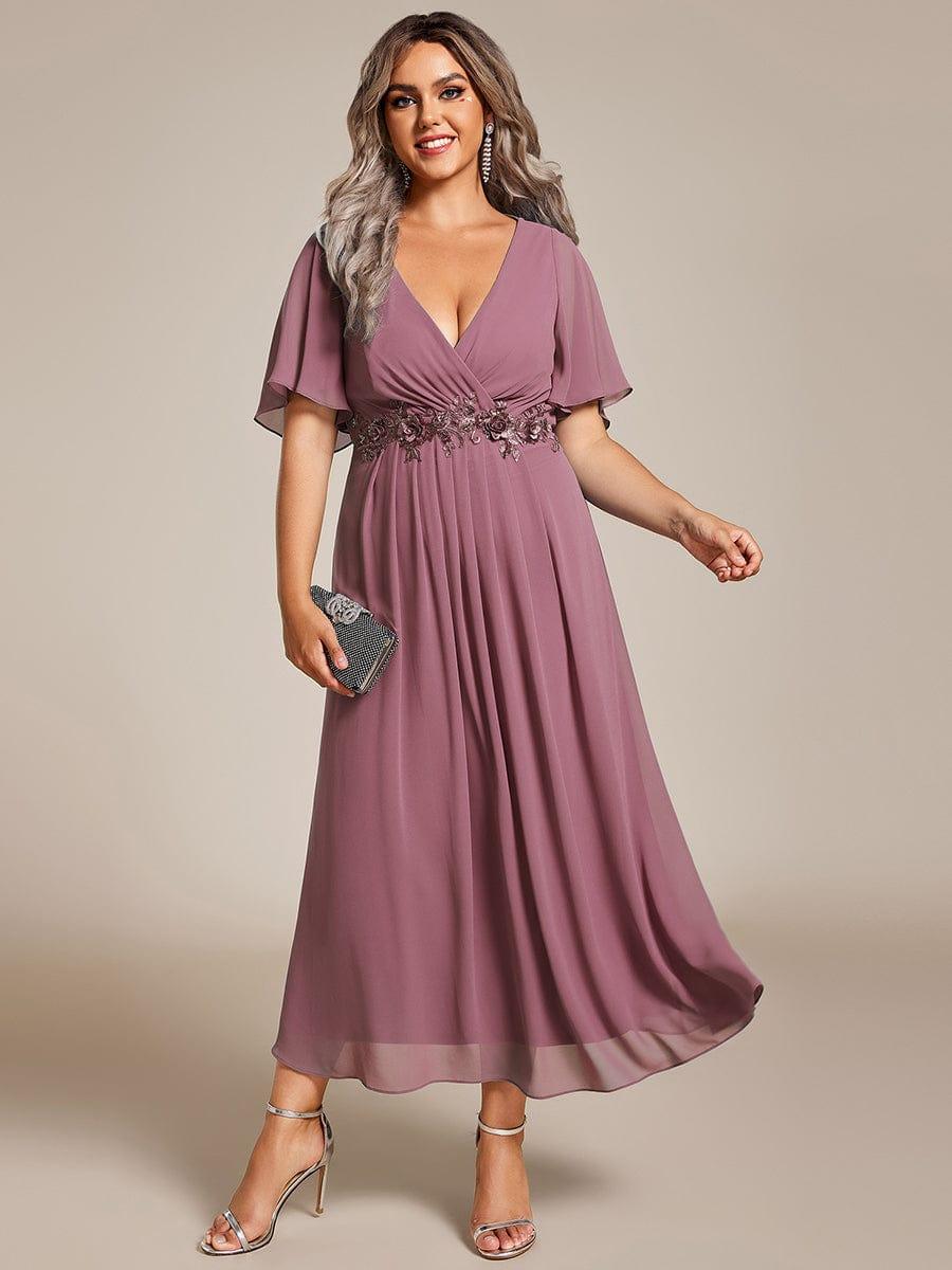 V-Neck Chiffon Evening Dress with Waist Applique #color_Purple Orchid
