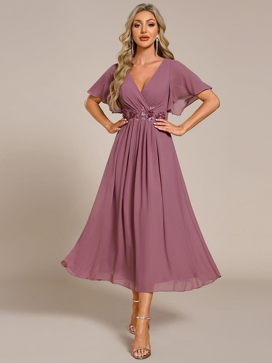 V-Neck Chiffon Evening Dress with Waist Applique #color_Purple Orchid