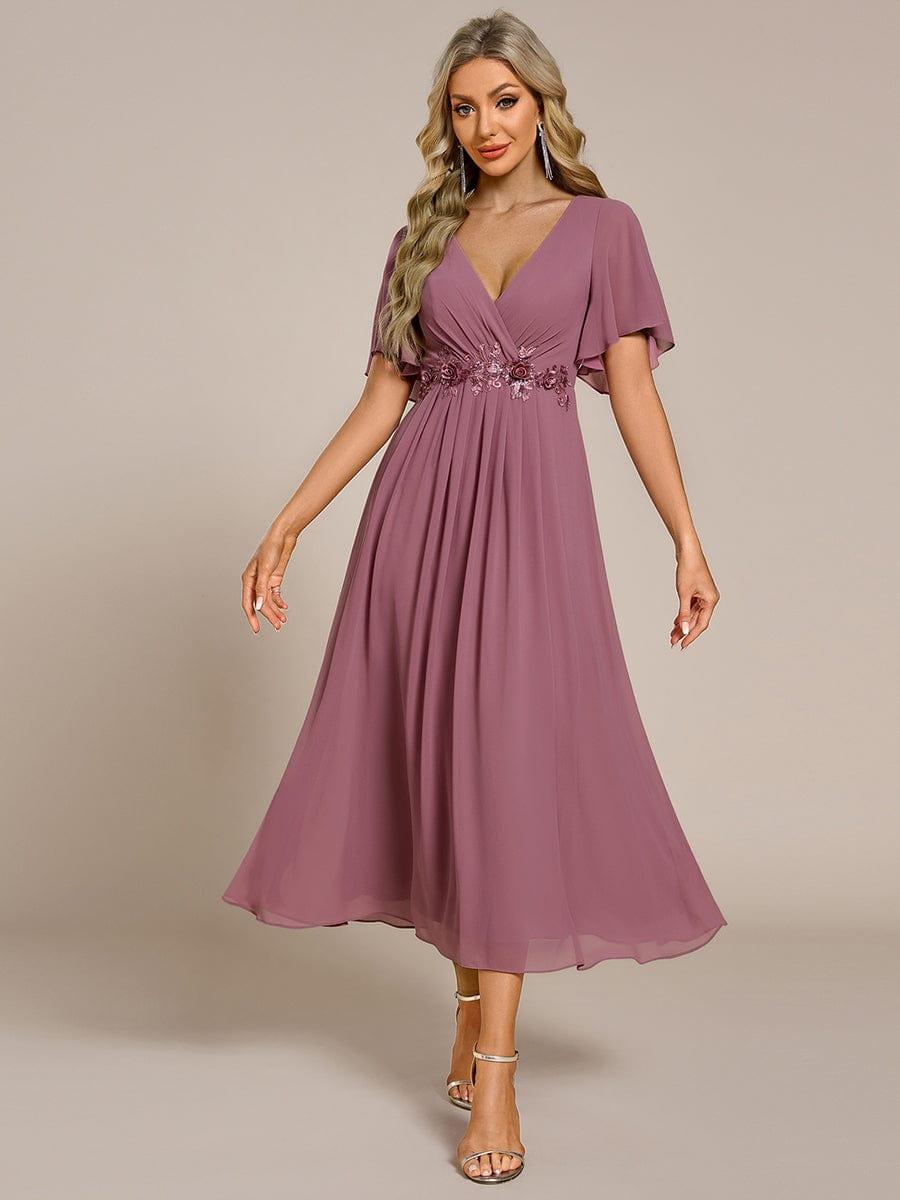 V-Neck Chiffon Evening Dress with Waist Applique #color_Purple Orchid