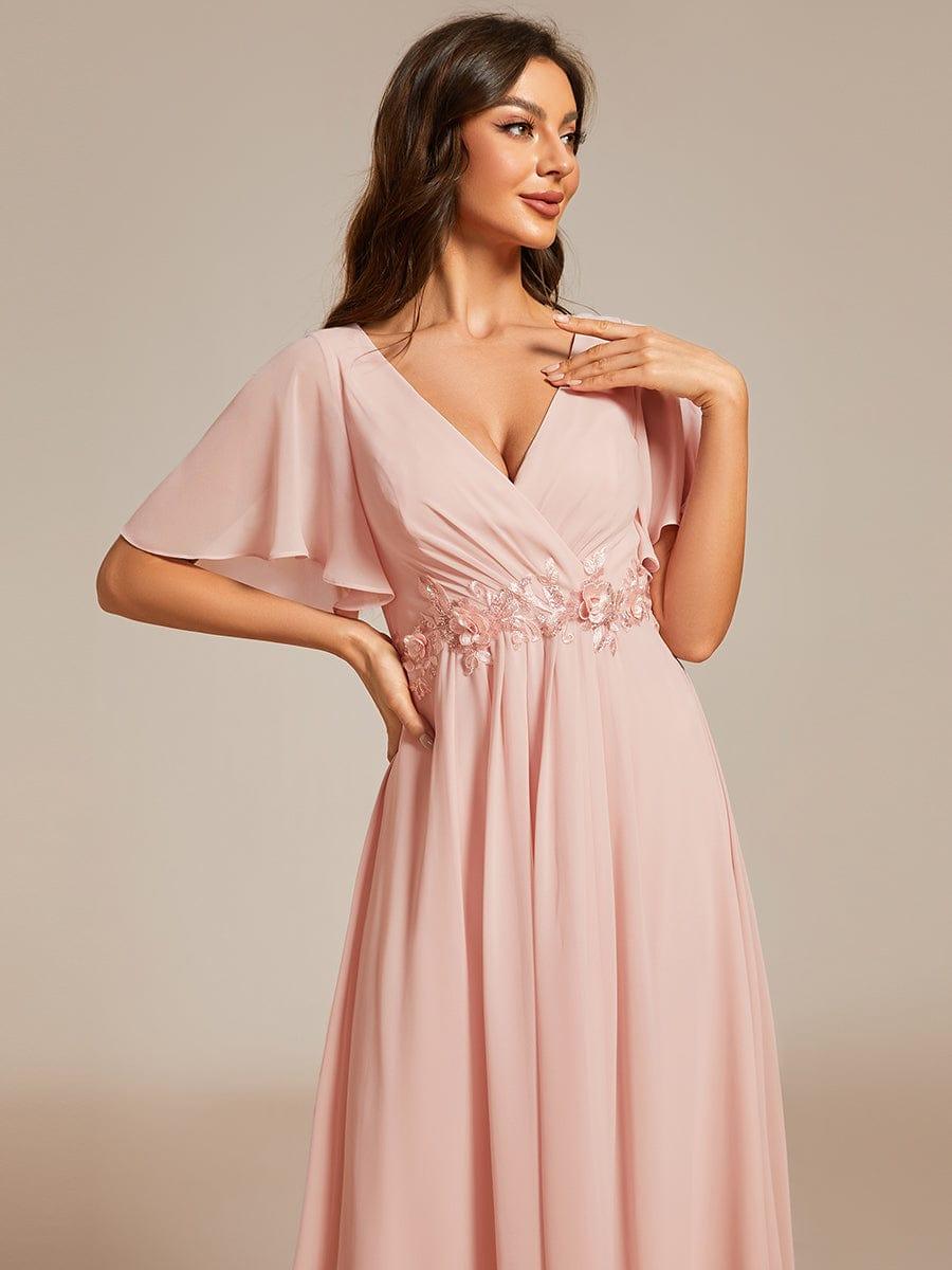 V-Neck Chiffon Evening Dress with Waist Applique #color_Pink