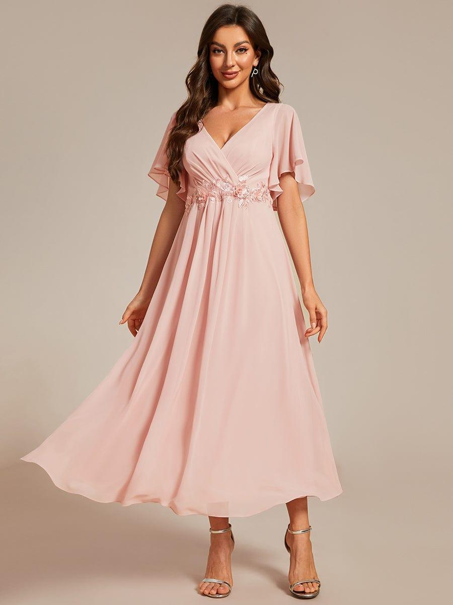 V-Neck Chiffon Evening Dress with Waist Applique #color_Pink