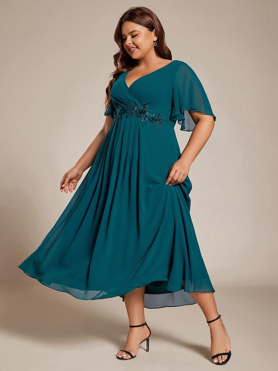 V-Neck Chiffon Evening Dress with Waist Applique #color_Teal
