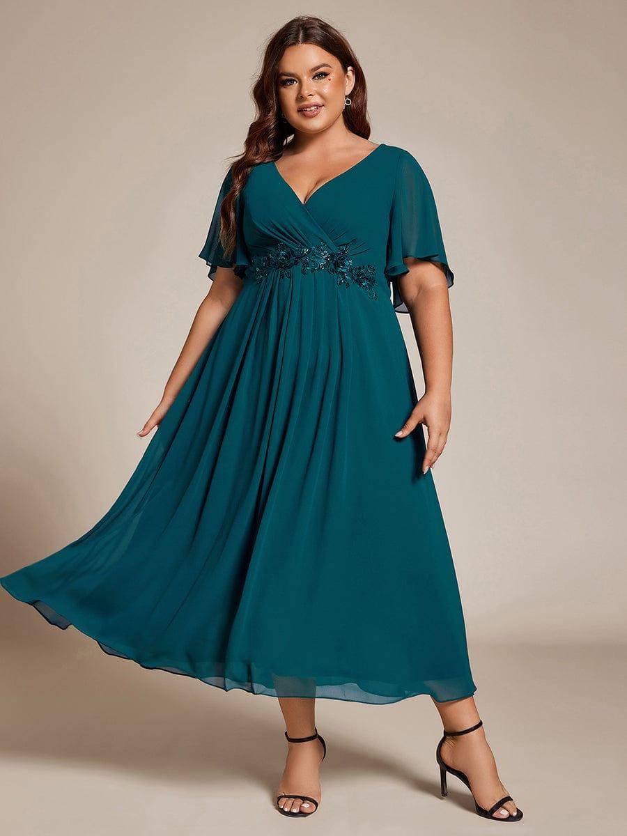 V-Neck Chiffon Evening Dress with Waist Applique #color_Teal