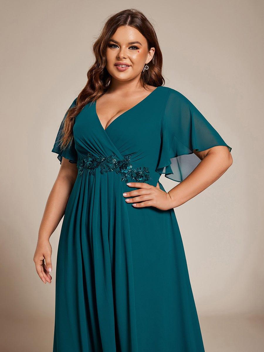 V-Neck Chiffon Evening Dress with Waist Applique #color_Teal