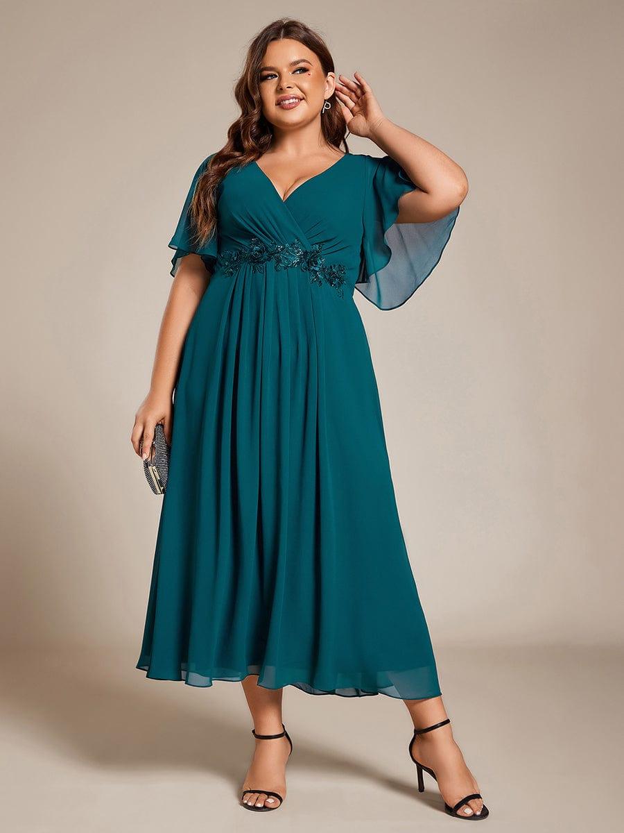 V-Neck Chiffon Evening Dress with Waist Applique #color_Teal