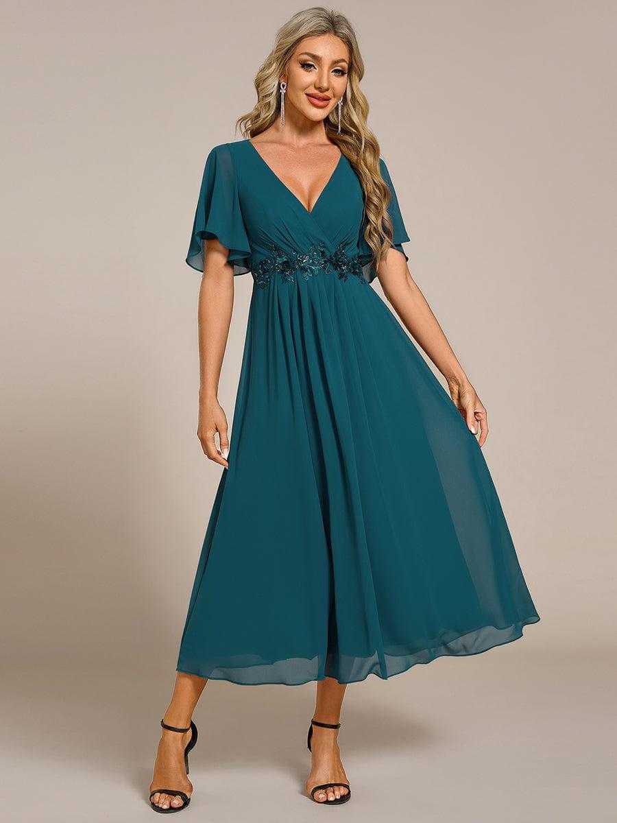 V-Neck Chiffon Evening Dress with Waist Applique #color_Teal