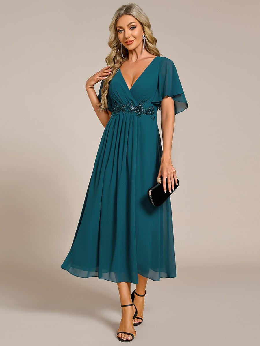 V-Neck Chiffon Evening Dress with Waist Applique #color_Teal