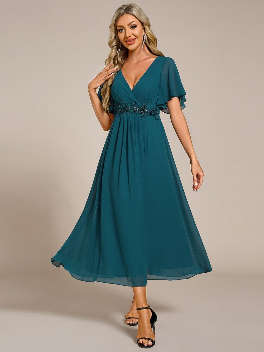 V-Neck Chiffon Evening Dress with Waist Applique #color_Teal